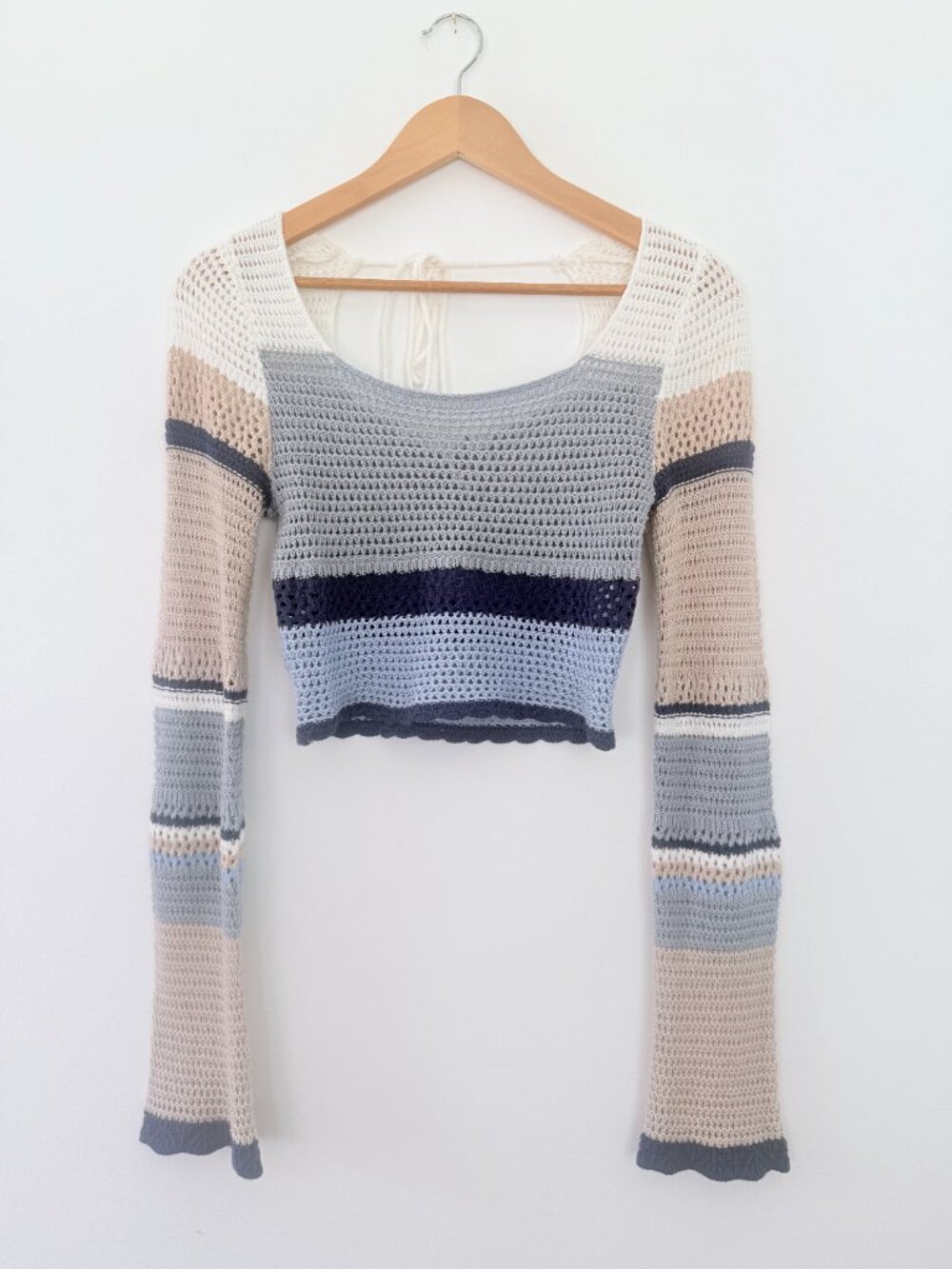 Altar’d State Crochet Crop Top Size M Blue Striped Bell Sleeve Boho Sweater 70s